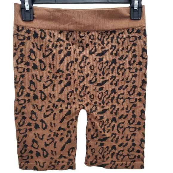 Bozzolo Womens Brown Black Animal Print Stretch Ribbed Knit High Bike Shorts M/L - Picture 1 of 5